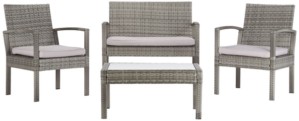 Safavieh BASSEY 4-Piece Outdoor Living Set - Tropical Resort Style with Durable Wicker Frames & Cushions Grey / Grey PAT7507B