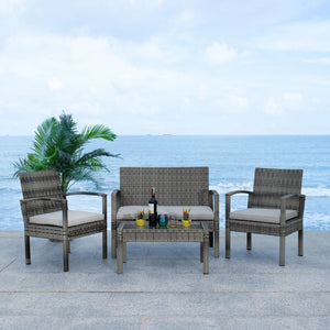 Safavieh BASSEY 4-Piece Outdoor Living Set - Tropical Resort Style with Durable Wicker Frames & Cushions Grey / Grey PAT7507B