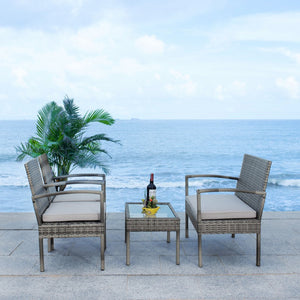 Safavieh BASSEY 4-Piece Outdoor Living Set - Tropical Resort Style with Durable Wicker Frames & Cushions Grey / Grey PAT7507B