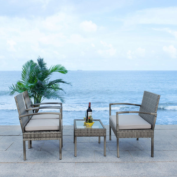 Safavieh BASSEY 4-Piece Outdoor Living Set - Tropical Resort Style with Durable Wicker Frames & Cushions Grey / Grey PAT7507B