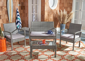 Safavieh BASSEY 4-Piece Outdoor Living Set - Tropical Resort Style with Durable Wicker Frames & Cushions Grey / Grey PAT7507B