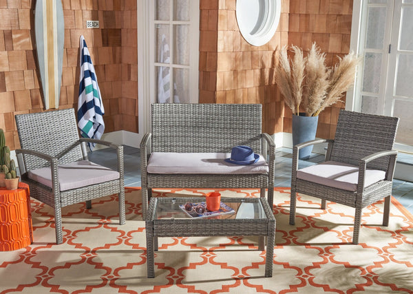 Safavieh BASSEY 4-Piece Outdoor Living Set - Tropical Resort Style with Durable Wicker Frames & Cushions Grey / Grey PAT7507B