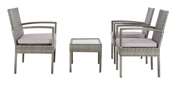 Safavieh BASSEY 4-Piece Outdoor Living Set - Tropical Resort Style with Durable Wicker Frames & Cushions Grey / Grey PAT7507B