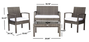 Safavieh BASSEY 4-Piece Outdoor Living Set - Tropical Resort Style with Durable Wicker Frames & Cushions Grey Brown / White PAT7507C