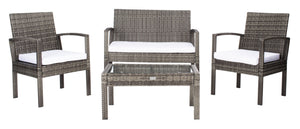 Safavieh BASSEY 4-Piece Outdoor Living Set - Tropical Resort Style with Durable Wicker Frames & Cushions Grey Brown / White PAT7507C