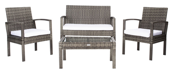 Safavieh BASSEY 4-Piece Outdoor Living Set - Tropical Resort Style with Durable Wicker Frames & Cushions Grey Brown / White PAT7507C
