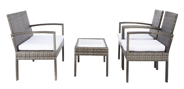 Safavieh BASSEY 4-Piece Outdoor Living Set - Tropical Resort Style with Durable Wicker Frames & Cushions Grey Brown / White PAT7507C