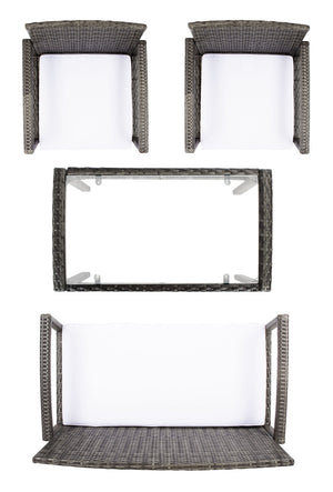 Safavieh BASSEY 4-Piece Outdoor Living Set - Tropical Resort Style with Durable Wicker Frames & Cushions Grey Brown / White PAT7507C