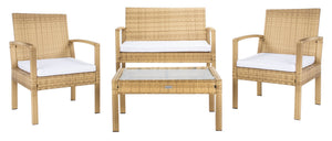 Safavieh BASSEY 4-Piece Outdoor Living Set - Tropical Resort Style with Durable Wicker Frames & Cushions Natural / White PAT7507D