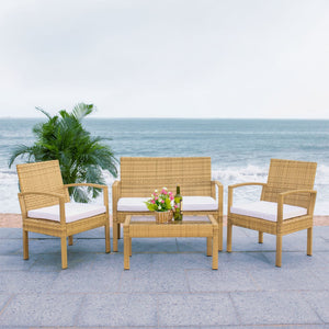 Safavieh BASSEY 4-Piece Outdoor Living Set - Tropical Resort Style with Durable Wicker Frames & Cushions Natural / White PAT7507D