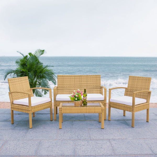 Safavieh BASSEY 4-Piece Outdoor Living Set - Tropical Resort Style with Durable Wicker Frames & Cushions Natural / White PAT7507D
