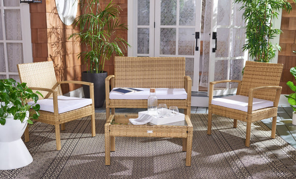 Safavieh BASSEY 4-Piece Outdoor Living Set - Tropical Resort Style with Durable Wicker Frames & Cushions Natural / White PAT7507D