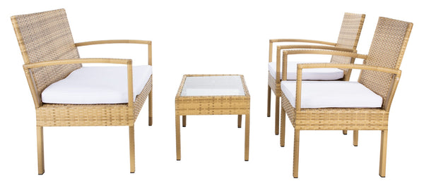 Safavieh BASSEY 4-Piece Outdoor Living Set - Tropical Resort Style with Durable Wicker Frames & Cushions Natural / White PAT7507D