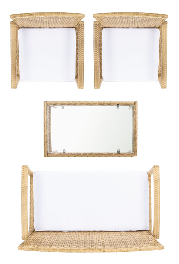 Safavieh BASSEY 4-Piece Outdoor Living Set - Tropical Resort Style with Durable Wicker Frames & Cushions Natural / White PAT7507D