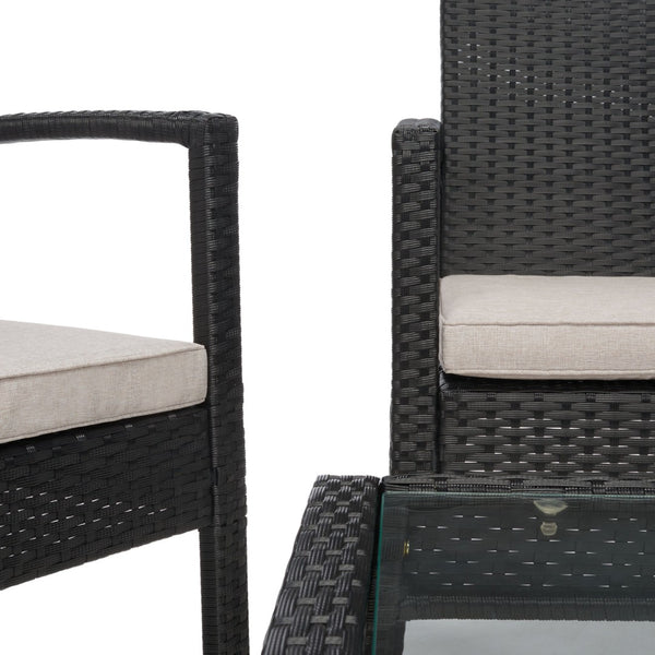 Safavieh BASSEY 4-Piece Outdoor Living Set - Tropical Resort Style with Durable Wicker Frames & Cushions Black / Light Grey PAT7507E