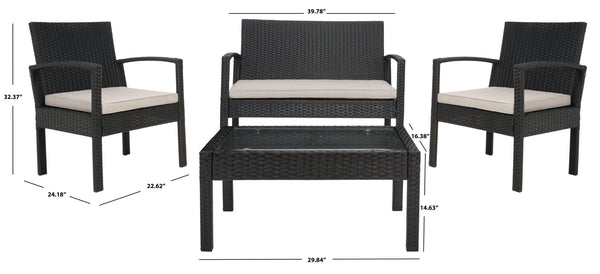 Safavieh BASSEY 4-Piece Outdoor Living Set - Tropical Resort Style with Durable Wicker Frames & Cushions Black / Light Grey PAT7507E