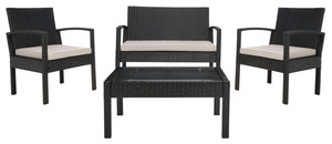 Safavieh BASSEY 4-Piece Outdoor Living Set - Tropical Resort Style with Durable Wicker Frames & Cushions Black / Light Grey PAT7507E