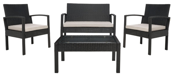 Safavieh BASSEY 4-Piece Outdoor Living Set - Tropical Resort Style with Durable Wicker Frames & Cushions Black / Light Grey PAT7507E