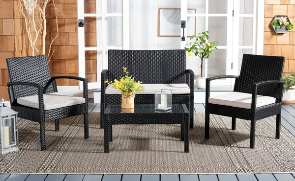 Safavieh BASSEY 4-Piece Outdoor Living Set - Tropical Resort Style with Durable Wicker Frames & Cushions Black / Light Grey PAT7507E