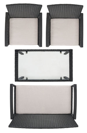 Safavieh BASSEY 4-Piece Outdoor Living Set - Tropical Resort Style with Durable Wicker Frames & Cushions Black / Light Grey PAT7507E