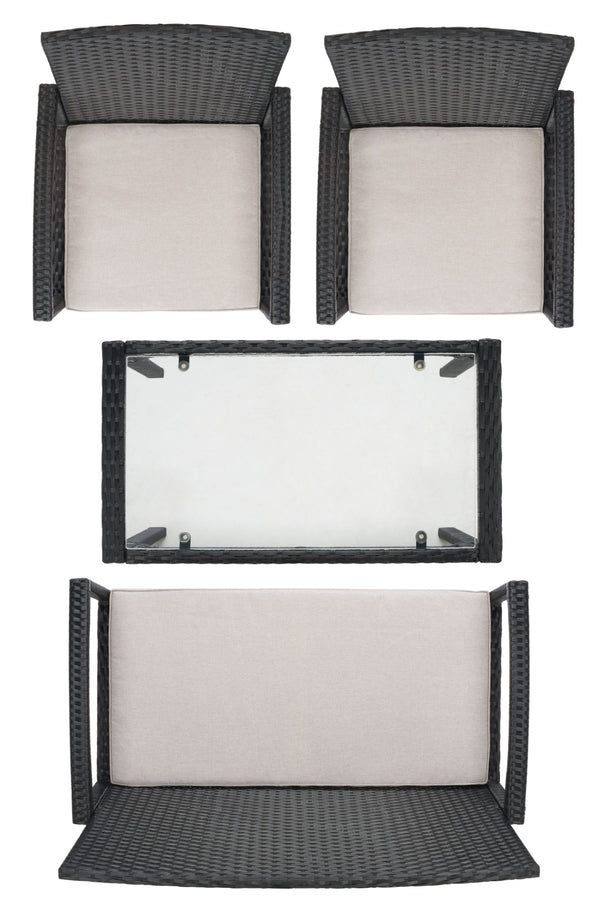 Safavieh BASSEY 4-Piece Outdoor Living Set - Tropical Resort Style with Durable Wicker Frames & Cushions Black / Light Grey PAT7507E