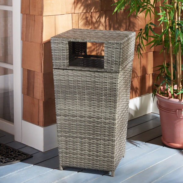 Safavieh MAZELI Outdoor Trash Bin - Stylish PE Wicker Rattan Design for Patios, Decks, and Pools Grey PAT7512B