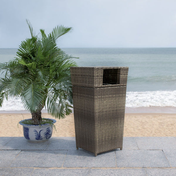 Safavieh MAZELI Outdoor Trash Bin - Stylish PE Wicker Rattan Design for Patios, Decks, and Pools Grey Brown / - PAT7512C