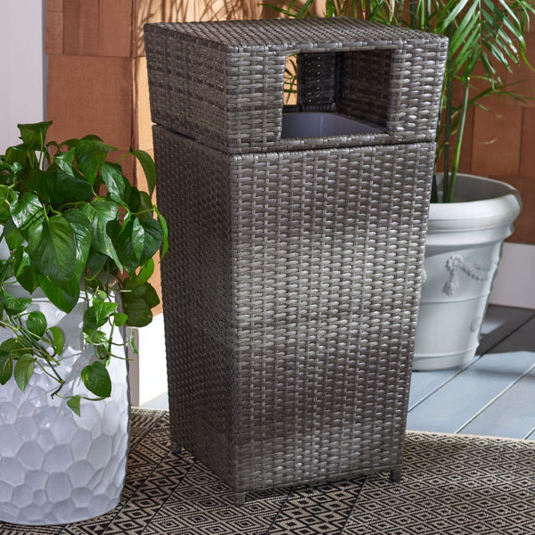 Safavieh MAZELI Outdoor Trash Bin - Stylish PE Wicker Rattan Design for Patios, Decks, and Pools Grey Brown / - PAT7512C