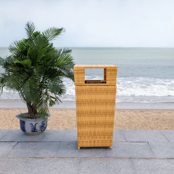Safavieh MAZELI Outdoor Trash Bin - Stylish PE Wicker Rattan Design for Patios, Decks, and Pools Natural PAT7512D