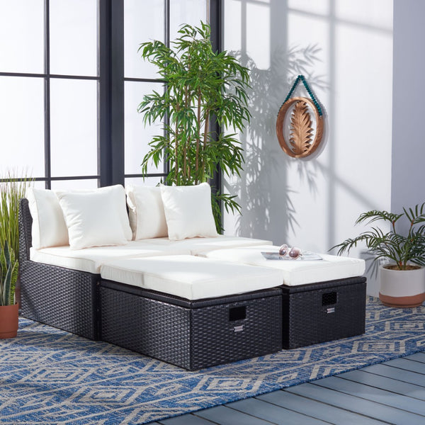 Safavieh PRAMLA Modern Outdoor Settee with Storage Ottomans – Stylish, Durable, and Perfect for Entertaining Black / Beige PAT7515A