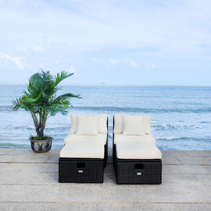 Safavieh PRAMLA Modern Outdoor Settee with Storage Ottomans – Stylish, Durable, and Perfect for Entertaining Black / Beige PAT7515A