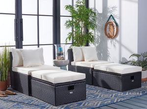 Safavieh PRAMLA Modern Outdoor Settee with Storage Ottomans – Stylish, Durable, and Perfect for Entertaining Black / Beige PAT7515A