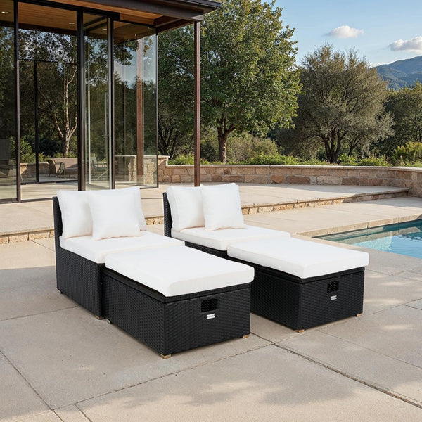 Safavieh PRAMLA Modern Outdoor Settee with Storage Ottomans – Stylish, Durable, and Perfect for Entertaining Black / Beige PAT7515A