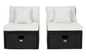 Safavieh PRAMLA Modern Outdoor Settee with Storage Ottomans – Stylish, Durable, and Perfect for Entertaining Black / Beige PAT7515A
