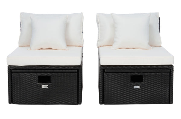 Safavieh PRAMLA Modern Outdoor Settee with Storage Ottomans – Stylish, Durable, and Perfect for Entertaining Black / Beige PAT7515A