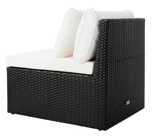 Safavieh PRAMLA Modern Outdoor Settee with Storage Ottomans – Stylish, Durable, and Perfect for Entertaining Black / Beige PAT7515A
