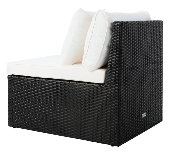 Safavieh PRAMLA Modern Outdoor Settee with Storage Ottomans – Stylish, Durable, and Perfect for Entertaining Black / Beige PAT7515A