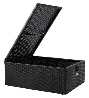 Safavieh PRAMLA Modern Outdoor Settee with Storage Ottomans – Stylish, Durable, and Perfect for Entertaining Black / Beige PAT7515A