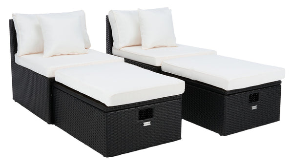 Safavieh PRAMLA Modern Outdoor Settee with Storage Ottomans – Stylish, Durable, and Perfect for Entertaining Black / Beige PAT7515A