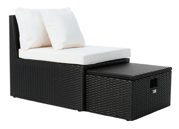 Safavieh PRAMLA Modern Outdoor Settee with Storage Ottomans – Stylish, Durable, and Perfect for Entertaining Black / Beige PAT7515A