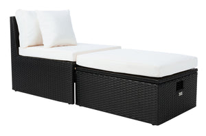 Safavieh PRAMLA Modern Outdoor Settee with Storage Ottomans – Stylish, Durable, and Perfect for Entertaining Black / Beige PAT7515A