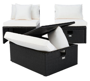 Safavieh PRAMLA Modern Outdoor Settee with Storage Ottomans – Stylish, Durable, and Perfect for Entertaining Black / Beige PAT7515A