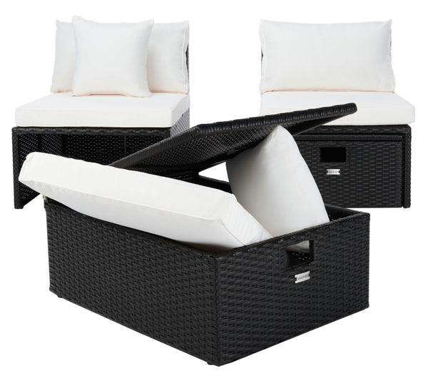 Safavieh PRAMLA Modern Outdoor Settee with Storage Ottomans – Stylish, Durable, and Perfect for Entertaining Black / Beige PAT7515A