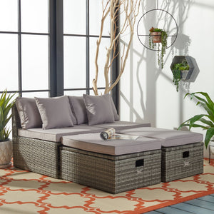 Safavieh PRAMLA Modern Outdoor Settee with Storage Ottomans – Stylish, Durable, and Perfect for Entertaining Grey / Grey PAT7515B