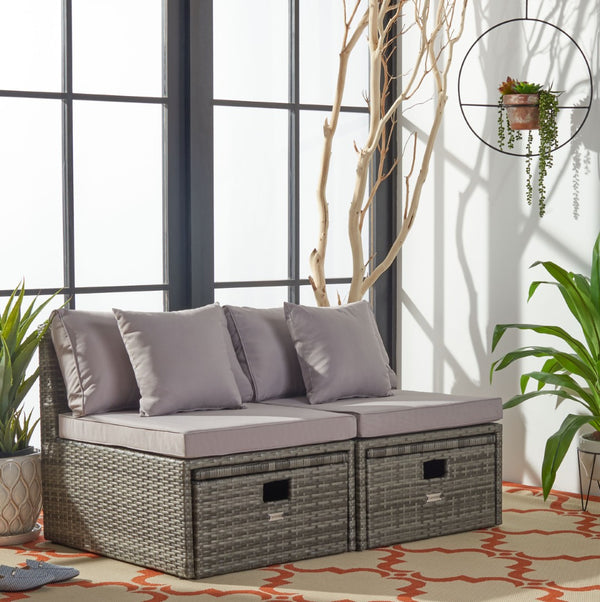 Safavieh PRAMLA Modern Outdoor Settee with Storage Ottomans – Stylish, Durable, and Perfect for Entertaining Grey / Grey PAT7515B