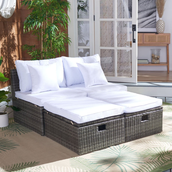 Safavieh PRAMLA Modern Outdoor Settee with Storage Ottomans – Stylish, Durable, and Perfect for Entertaining Grey Brown / White PAT7515C