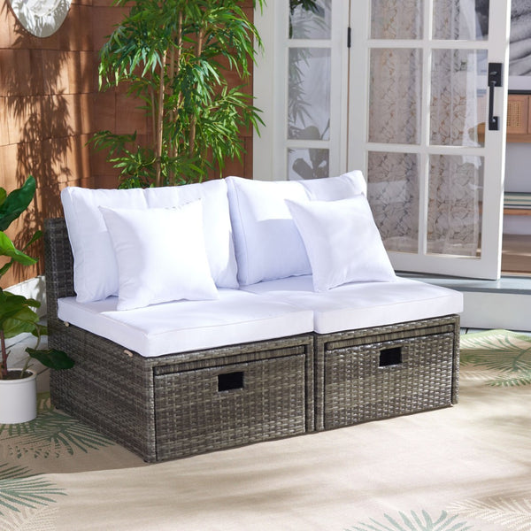Safavieh PRAMLA Modern Outdoor Settee with Storage Ottomans – Stylish, Durable, and Perfect for Entertaining Grey Brown / White PAT7515C