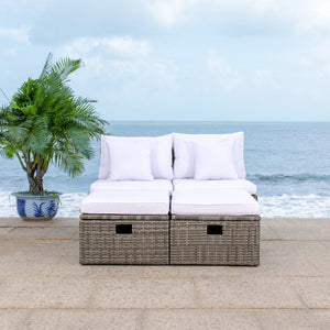 Safavieh PRAMLA Modern Outdoor Settee with Storage Ottomans – Stylish, Durable, and Perfect for Entertaining Grey Brown / White PAT7515C