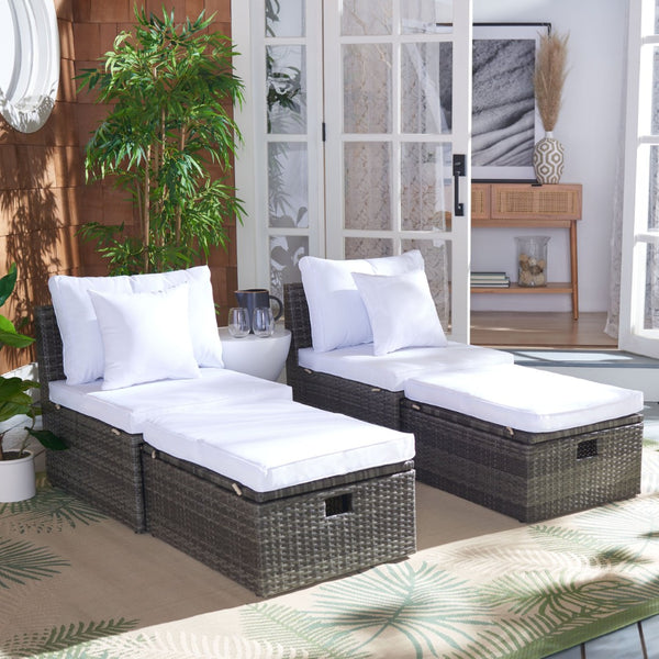 Safavieh PRAMLA Modern Outdoor Settee with Storage Ottomans – Stylish, Durable, and Perfect for Entertaining Grey Brown / White PAT7515C
