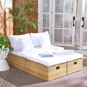 Safavieh PRAMLA Modern Outdoor Settee with Storage Ottomans – Stylish, Durable, and Perfect for Entertaining Natural / White PAT7515D
